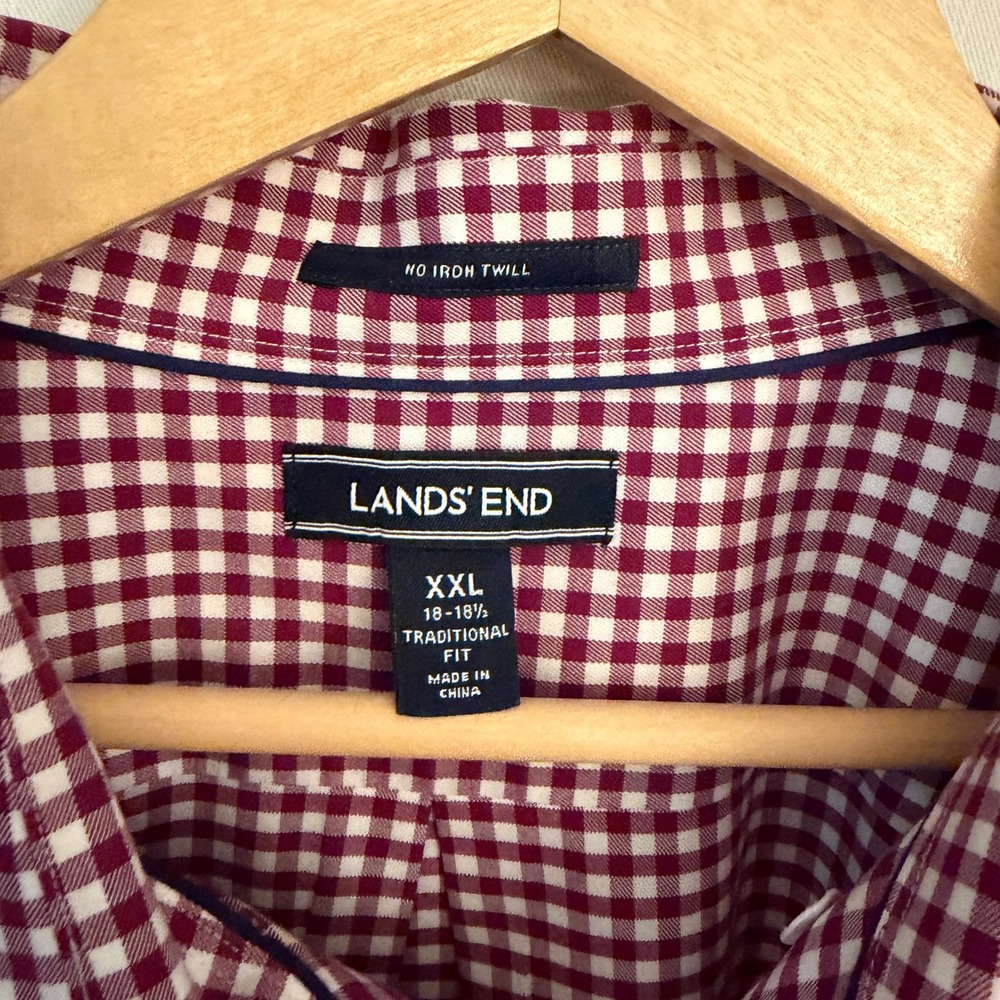 Lands' End Button Down Mens XXL Burgundy Excellent Gingham No Iron Twill Shirt - Picture 3 of 4